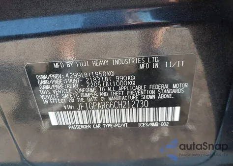 2012 Subaru Impreza 2.0I Sport Limited z USA, uszkodzony, nr VIN JF1GPAR66CH212730